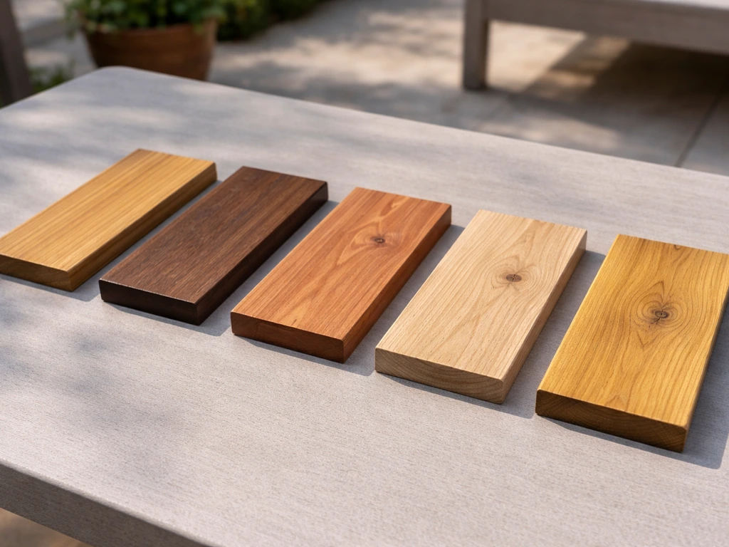 Outdoor wood sample rectangles of teak, ipe, cedar, white oak, and black locust showing grain and color.