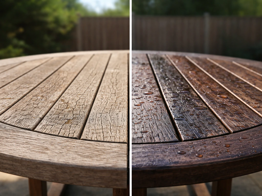 Split view of a patio wood table—one side sun-dried and cracked, the other wet and darkened by humidity.