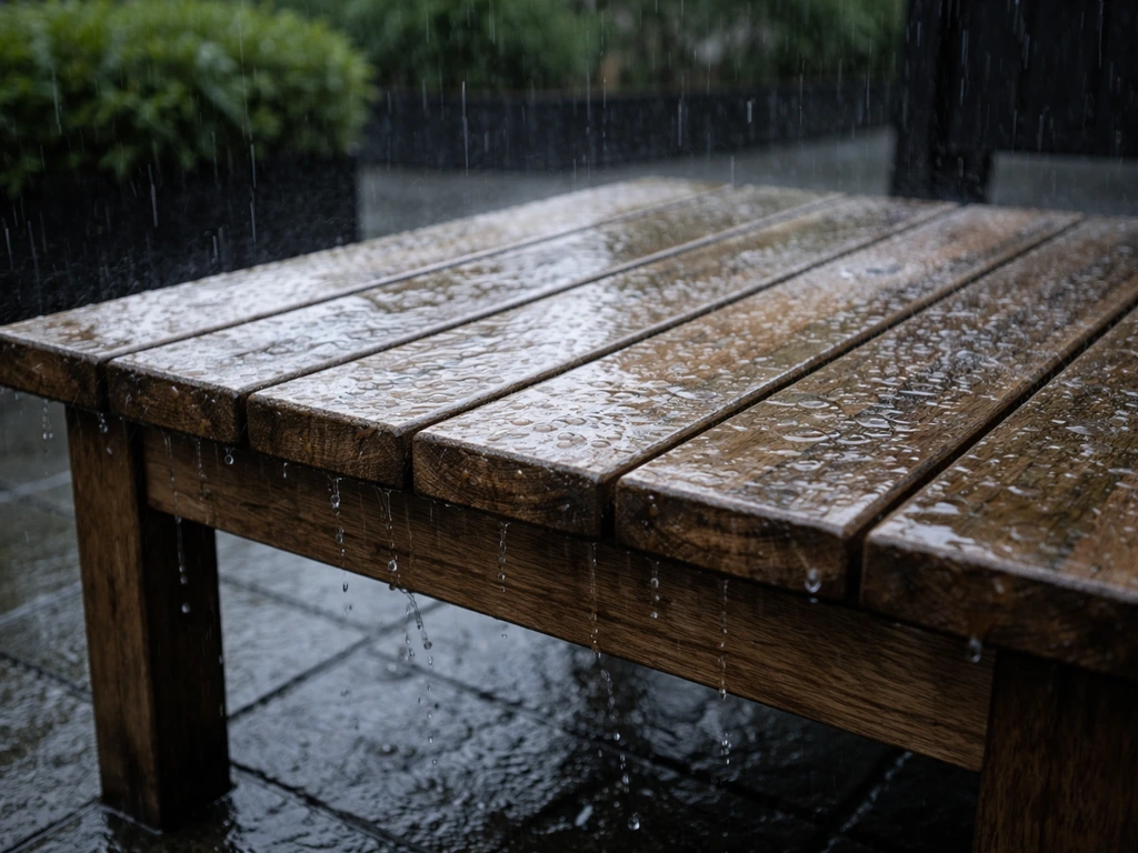 Wet wooden patio tabletop during heavy rain with water beading and soaking into the grain.