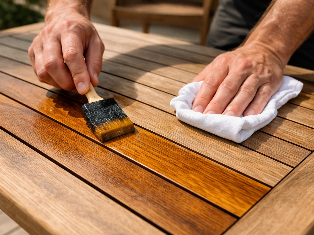 Hands applying penetrating teak oil to an outdoor patio table, wiping excess for even coverage.