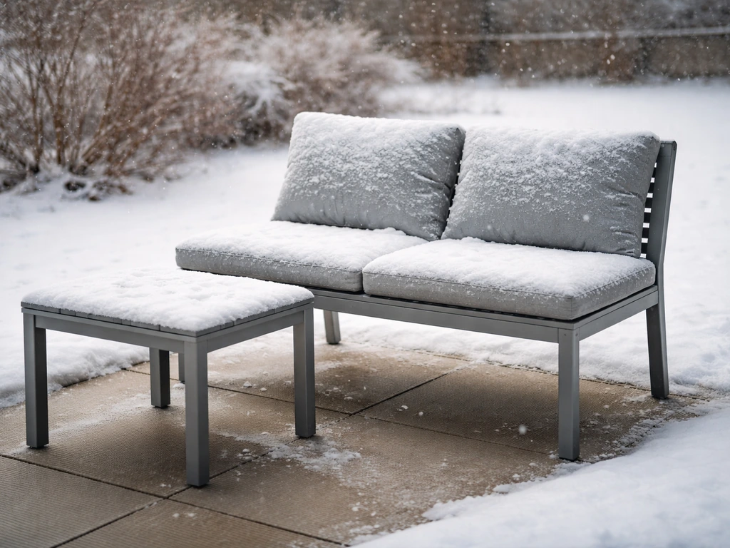 Snow-dusted winter patio with durable aluminum-and-HDPE furniture, partially covered in fresh snow