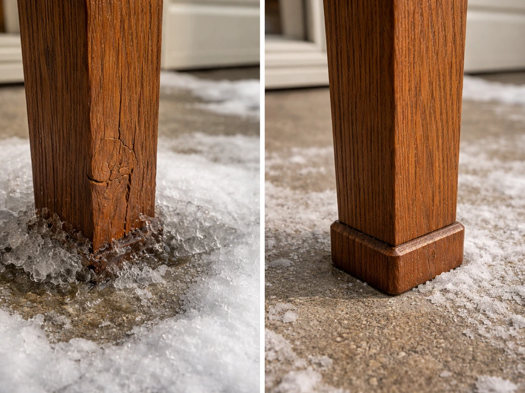 Close-up of two wooden furniture leg bases—one with ice and cracking, one intact—on a snowy porch floor.