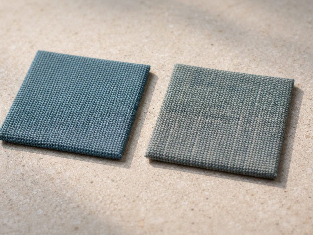 Close-up of solution-dyed acrylic outdoor cushion fabric weave with vivid color under natural light.