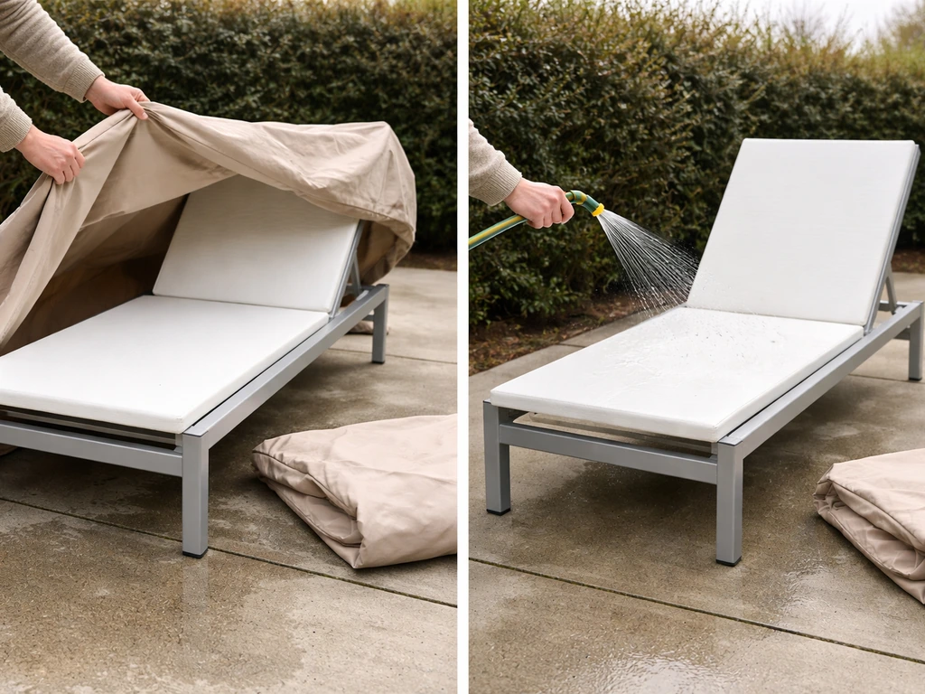 Aluminum patio chair uncovered and briefly rinsed on a quiet concrete patio in early spring.