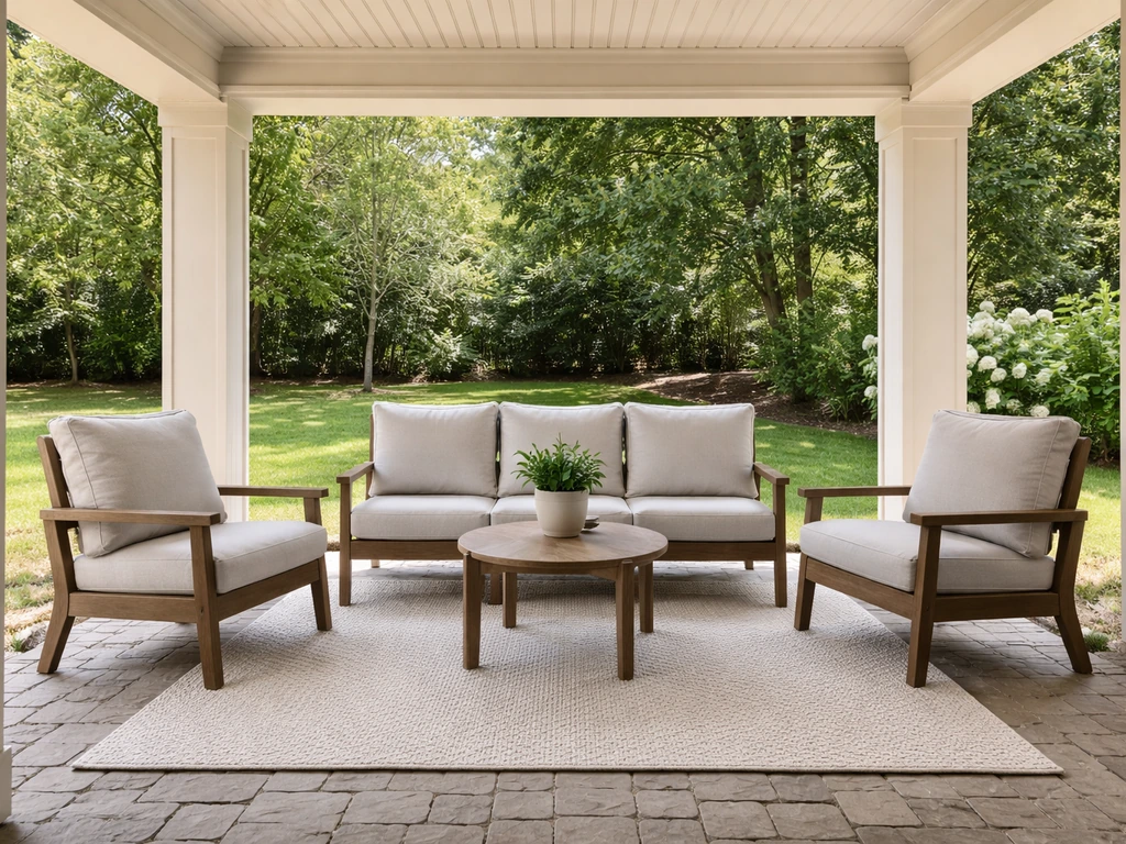 Minimal covered patio seating set with cushions, natural light, contrasting open yard space in the background.