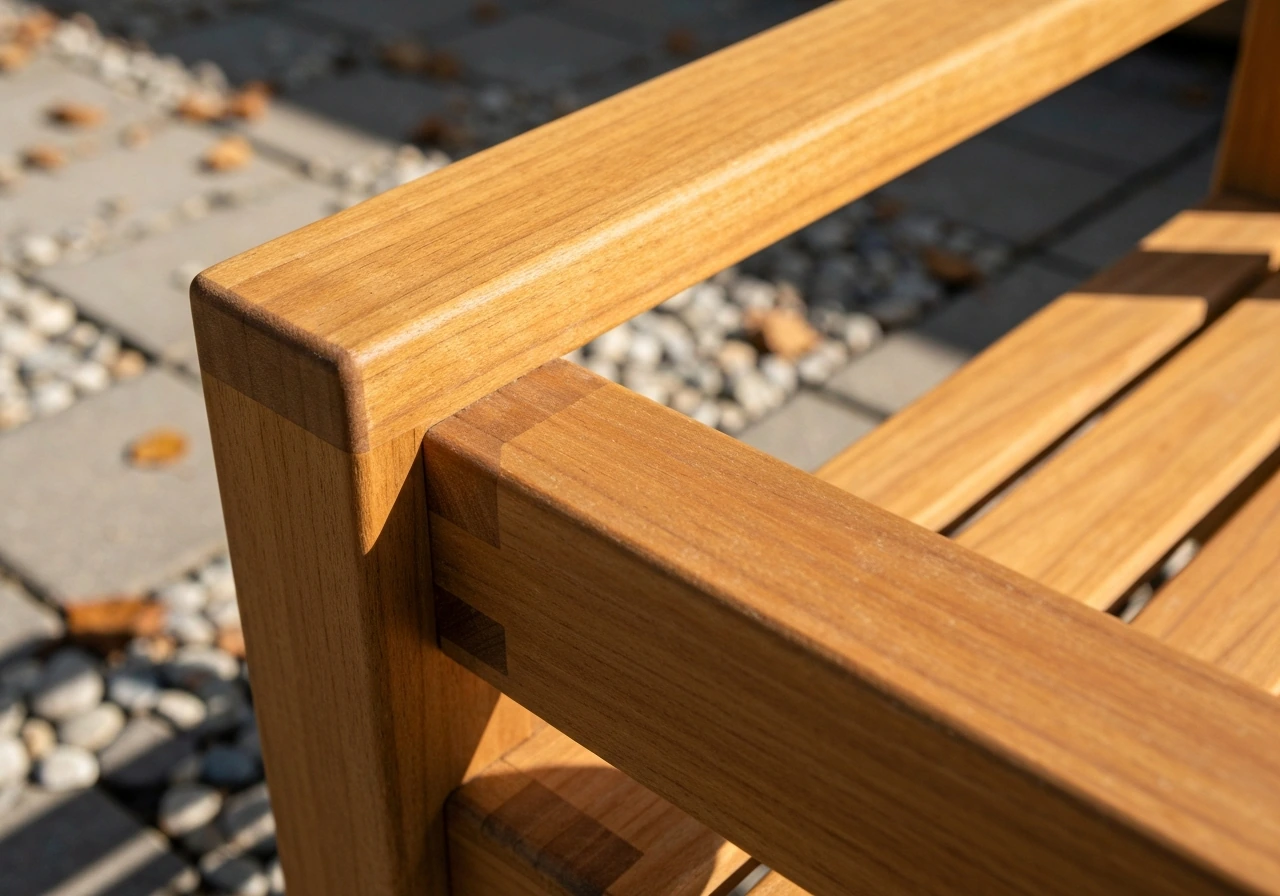 Close-up of teak outdoor furniture showing detailed wood grain and durable joinery outdoors.