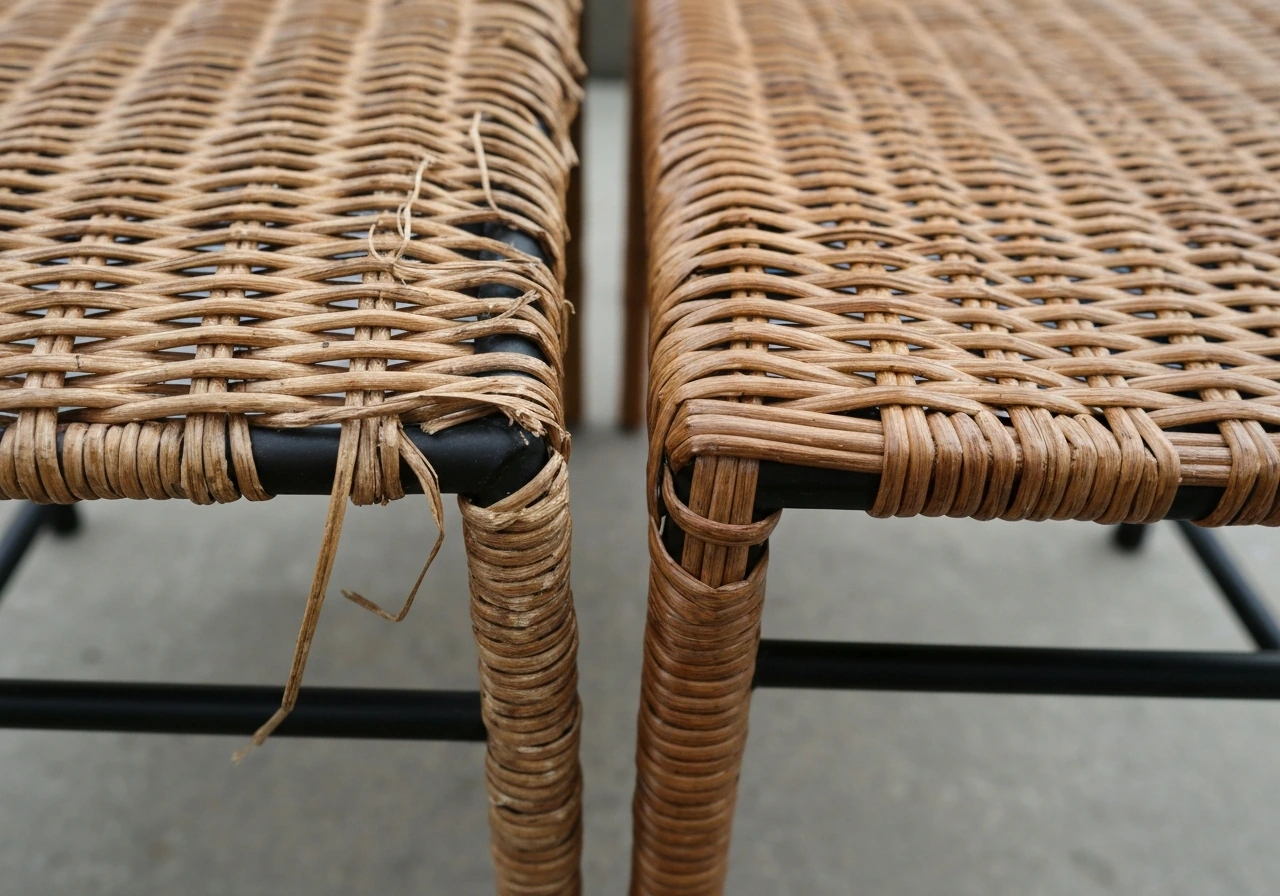 Side-by-side natural wicker fraying versus resin wicker intact on an outdoor patio.