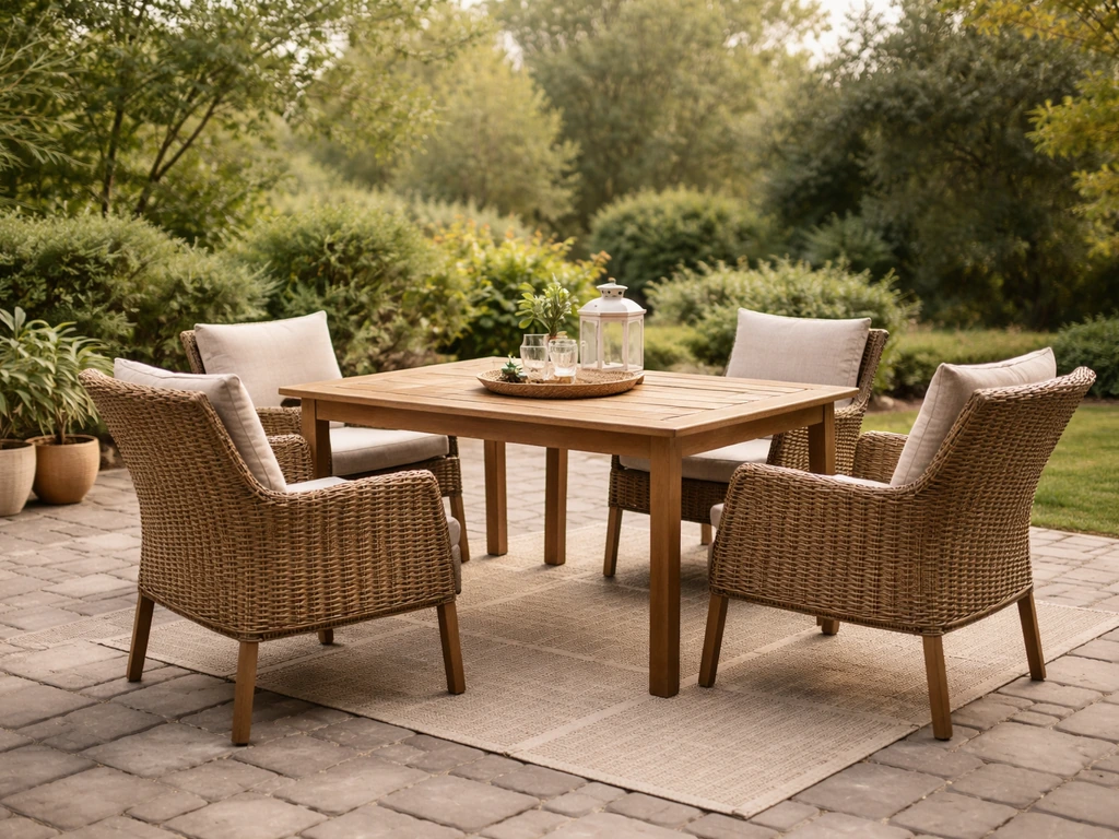 Wide view of a neatly arranged patio table and matching chairs on a stone paver patio with plants.