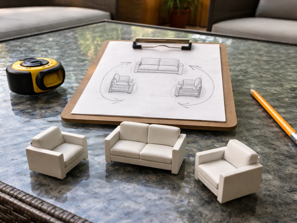 Top-down photo of a simple patio layout with a conversation set and space for chairs to slide out