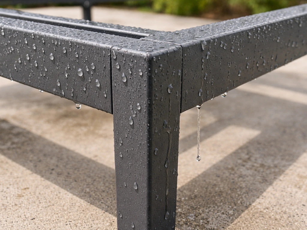 Close-up of powder-coated aluminum patio furniture frame after a rinse, with water beads on legs