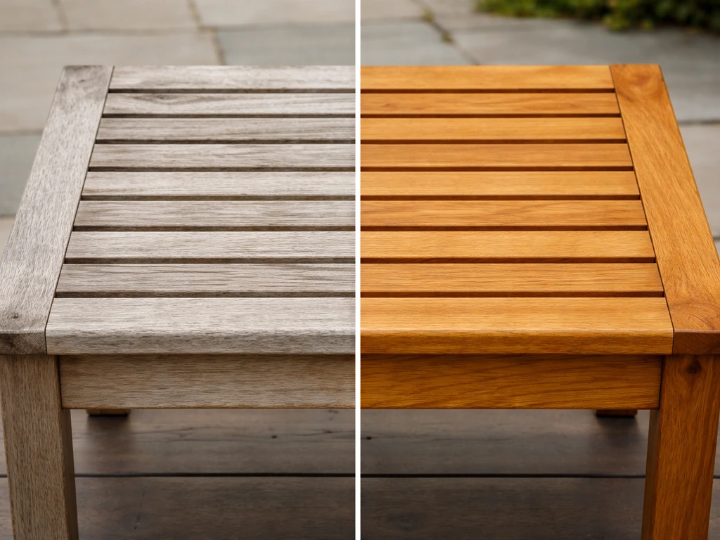 Teak outdoor bench with untreated silvery-gray patina beside freshly oiled warm teak sections.