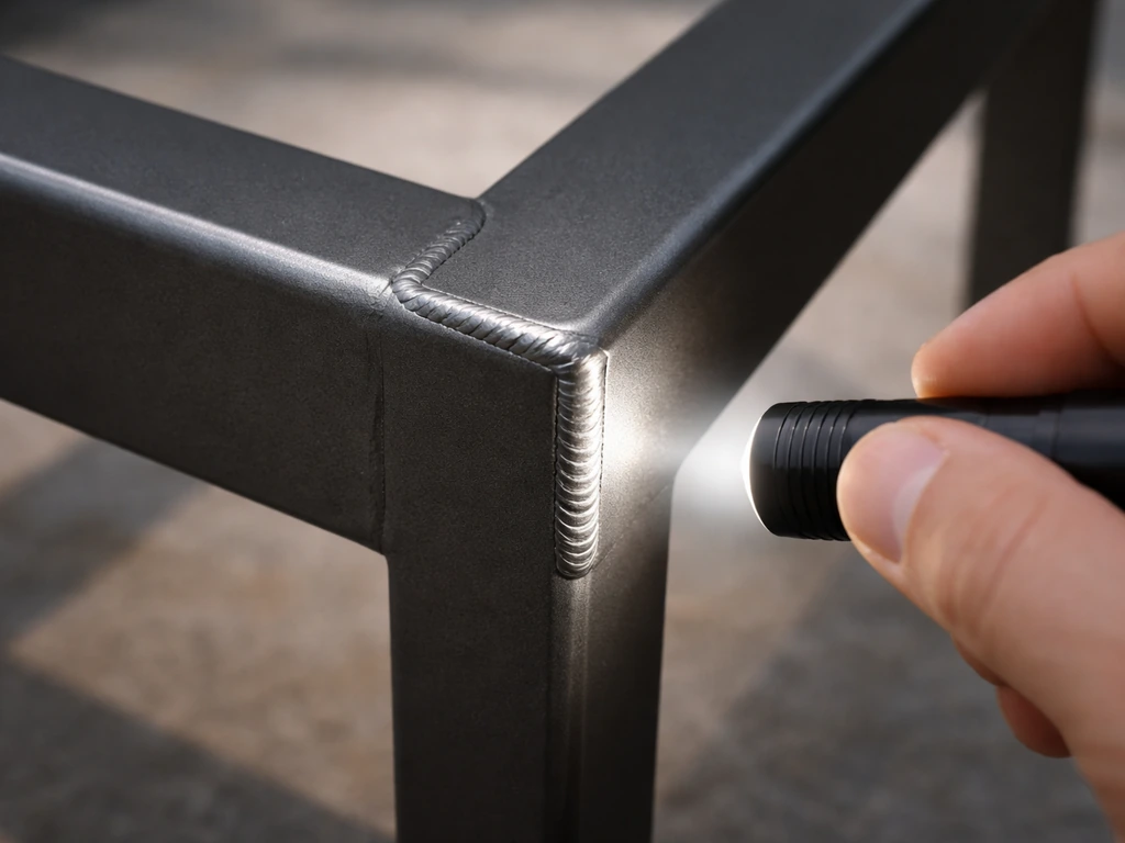 Close-up view of patio furniture metal frame welds inspected with a flashlight at an angle.