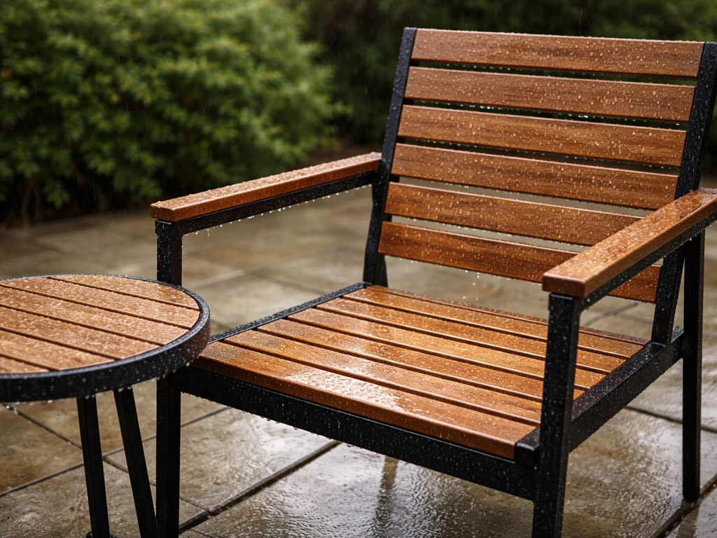 Patio chair and small table outdoors in light rain, raindrops beading with no pooling or damage visible.