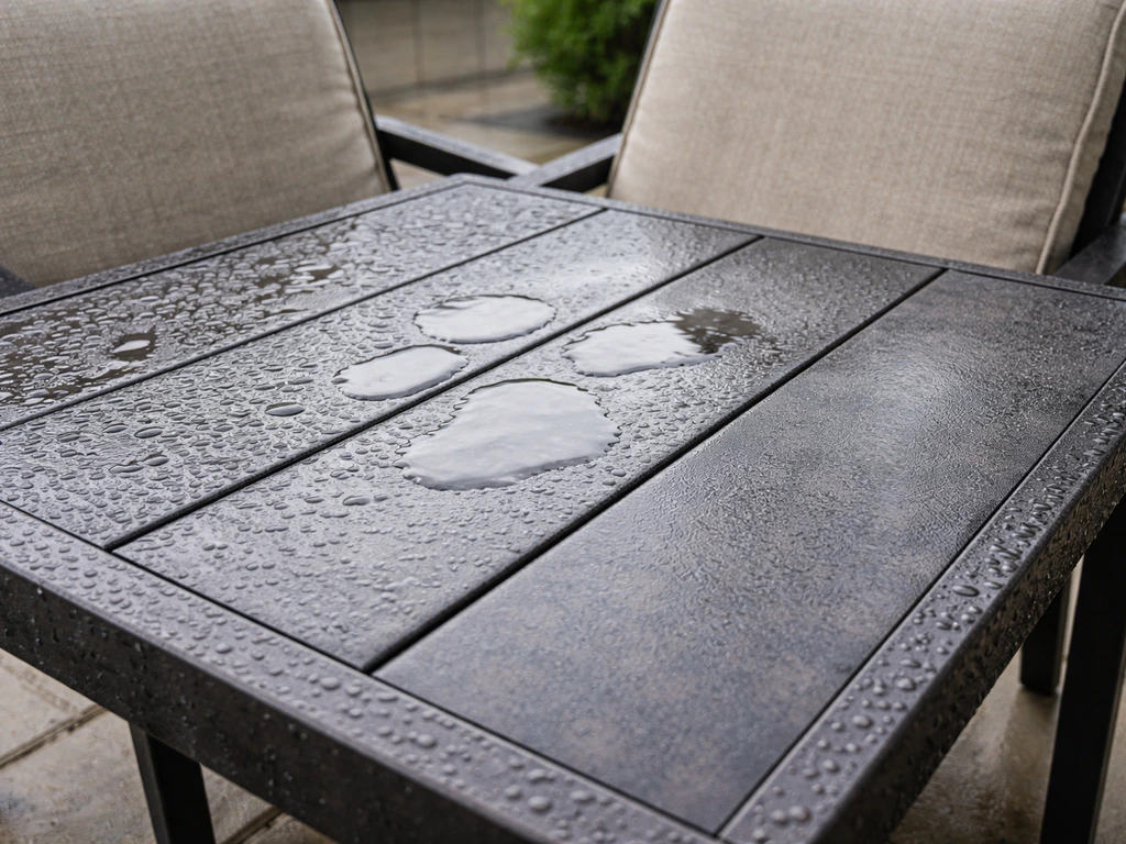 Patio furniture with three areas showing rain runoff, standing water, and humid dampness.