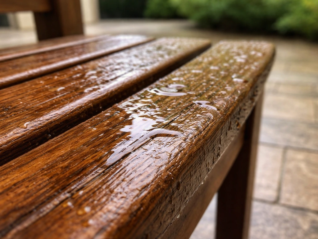 Teak bench slat after rain showing swelling, cupped wood grain, and water pooling.