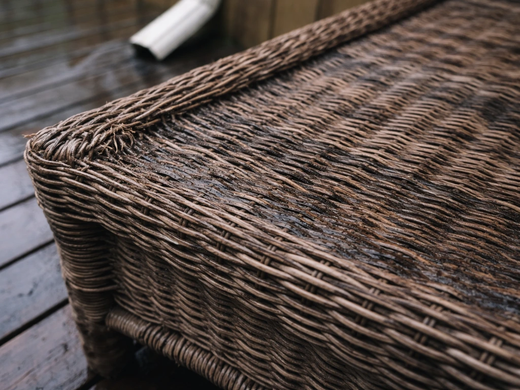 Close-up of rain-damaged wicker and rattan showing browning, fraying fibers, and water stains.