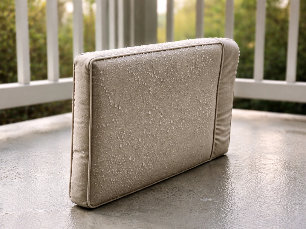 Outdoor patio cushion propped on its side to drain and dry after getting wet.