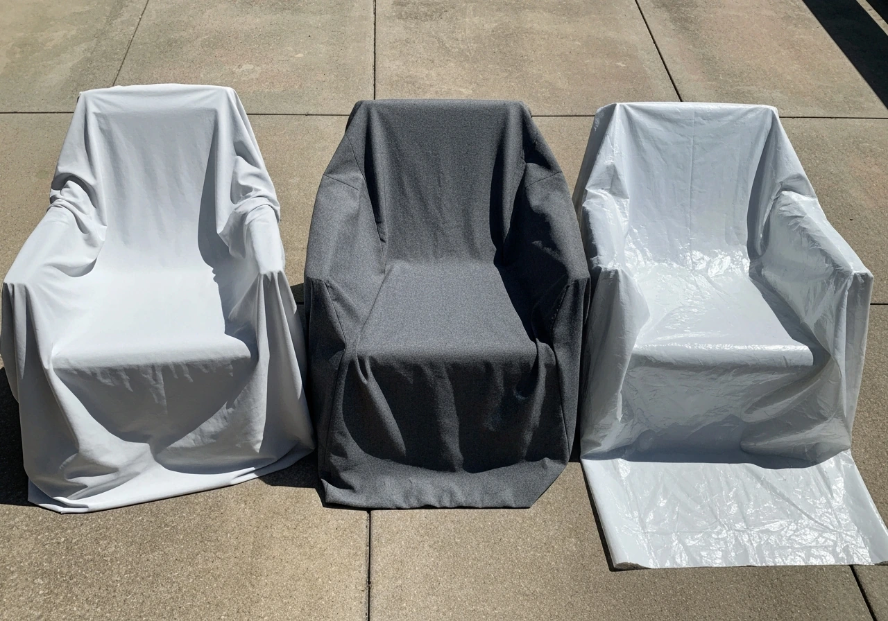 Patio furniture covered with three different fabric materials: acrylic, coated polyester, and PVC/vinyl.