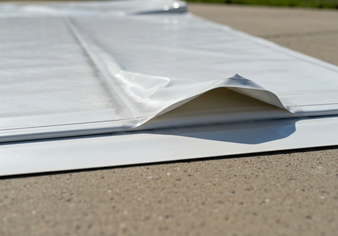 Close-up of a wrinkled PVC/vinyl cover with seam wrinkling and condensation-like moisture.