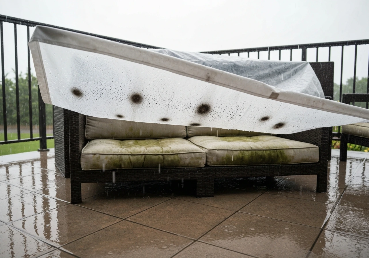 Rainy patio with an overly non-breathable cover lifted, showing damp cushions and condensation.