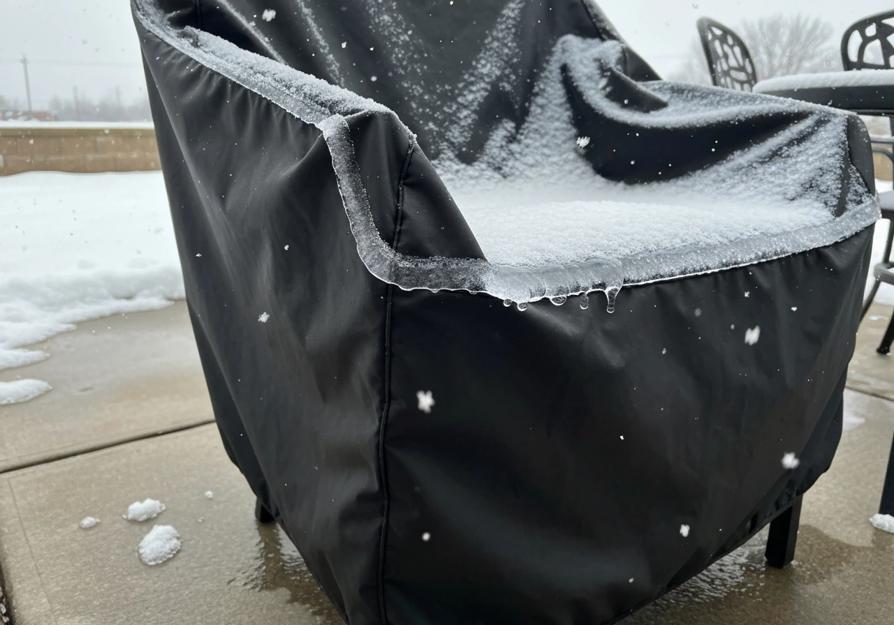 Winter patio cover with light snow and a thin sheet of ice along the top edge, showing freeze-thaw risk.