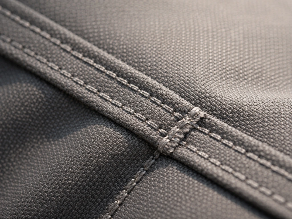 Macro photo of a fabric cover seam showing reinforced double-stitched stitching and visible thread