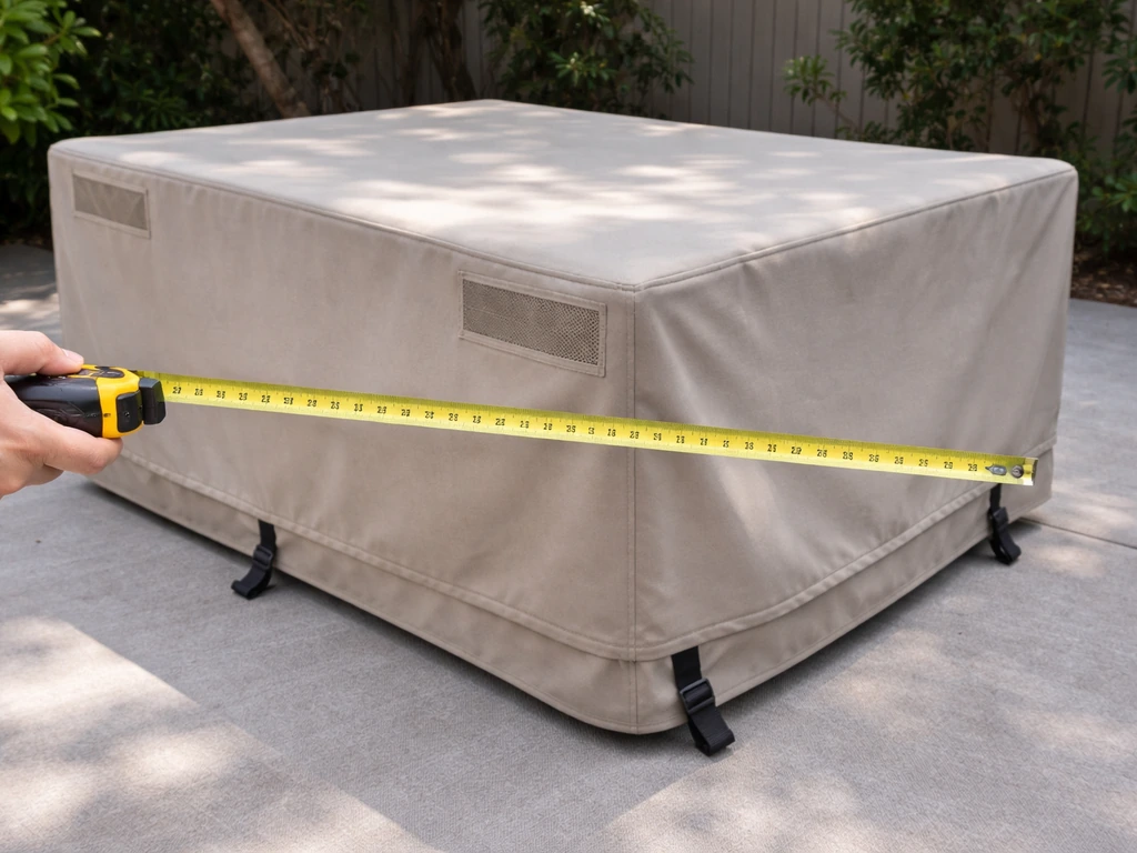 Hand measuring patio furniture with tape measure while a fitted cover shows vents and snug straps.