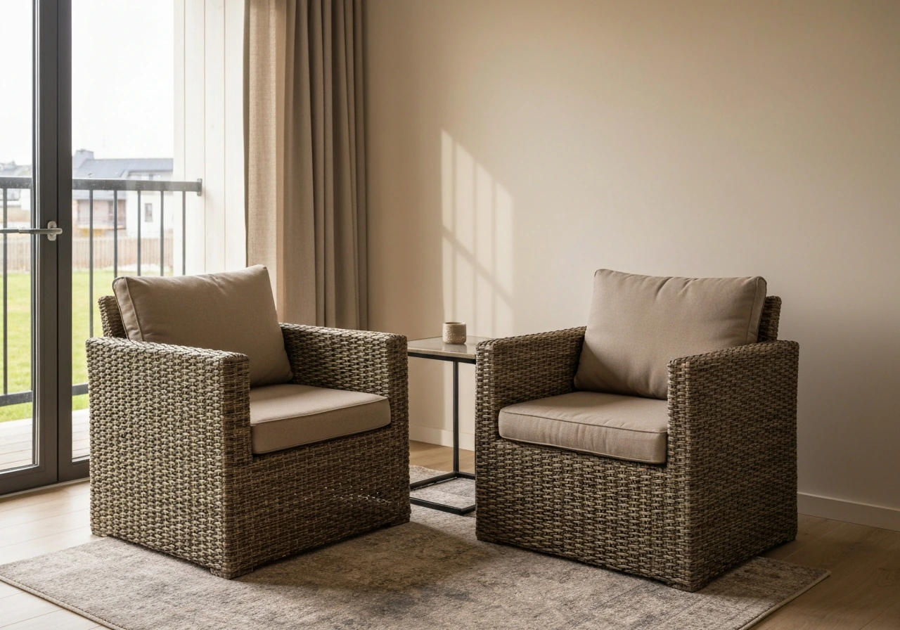 Cozy living room with two patio-style wicker chairs and cushions on a rug in clean, safe indoor setting.