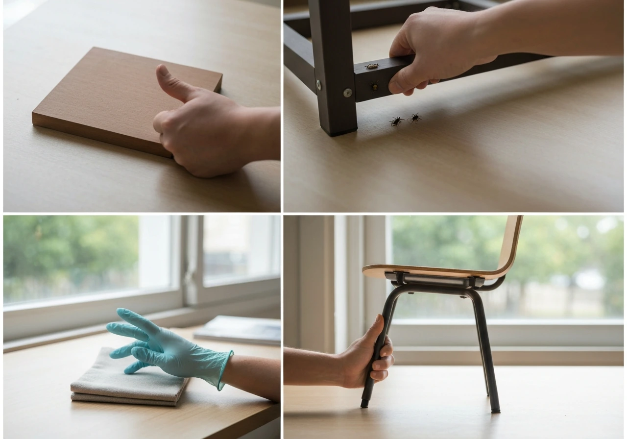 Four indoor safety cues shown: finish off-gassing, underside pest check, glove smell test, and chair leg stability.