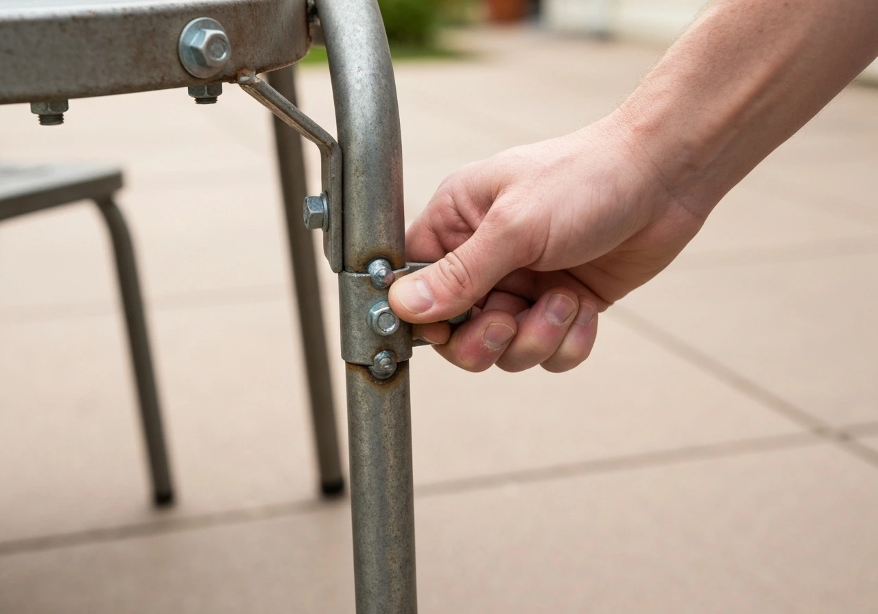 Hand gripping an outdoor chair leg to check wobble at the joints and bolts