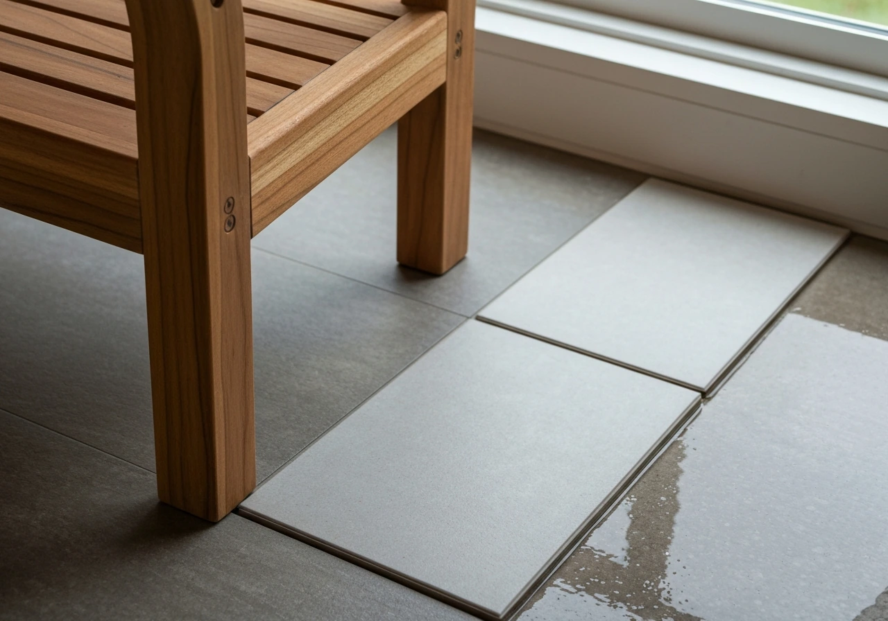 Close-up of a teak chair corner indoors with visible grain and a dry vs wet floor cue nearby.