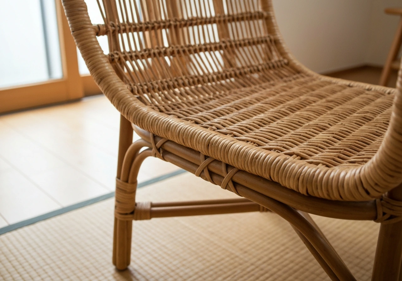 Close-up of an indoor natural wicker chair showing detailed weave texture on a light mat.