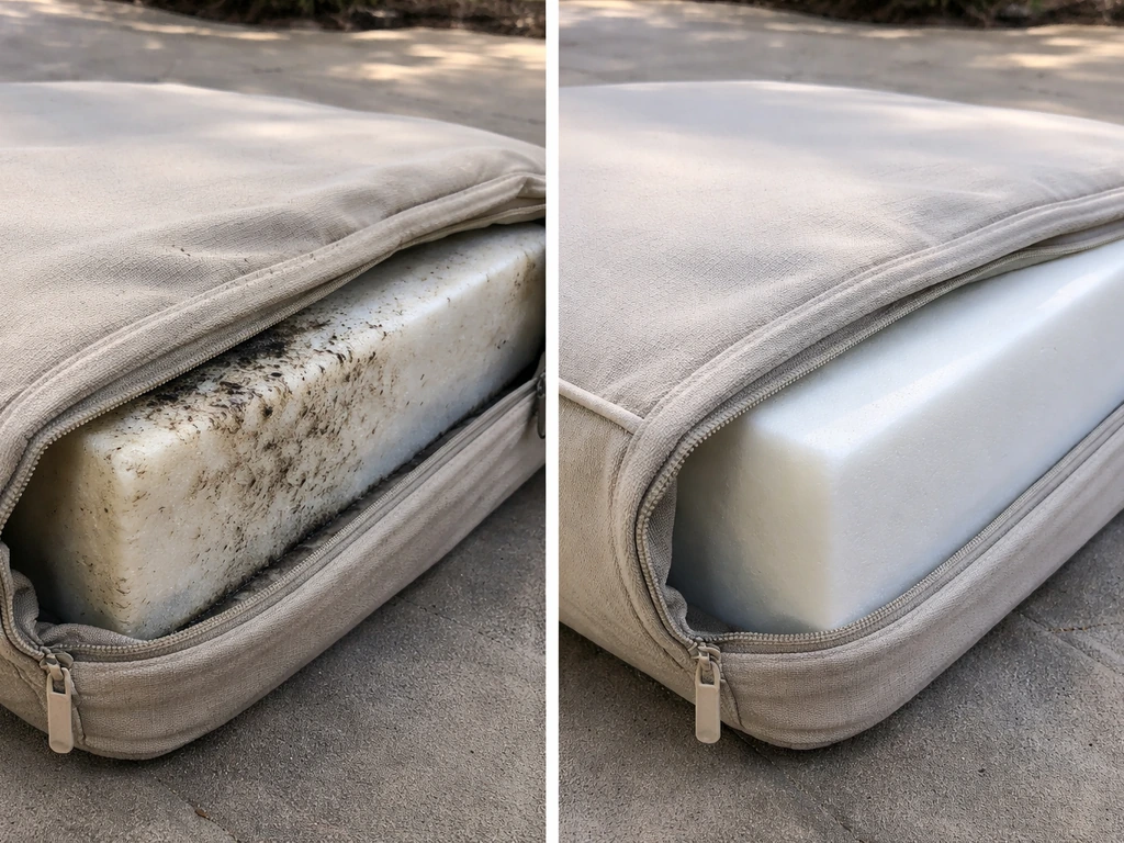 Split image of a damp, moldy outdoor cushion foam and a clean, dried cushion with intact seams.