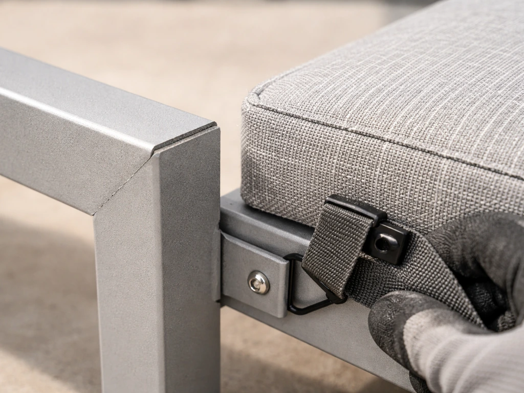 Close-up of a powder-coated aluminum frame and cushion fabric with straps, showing weatherproofing check details.