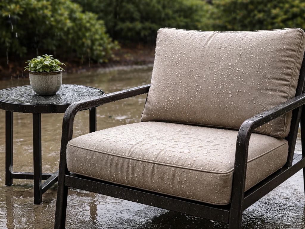 Rain-soaked patio furniture with water beading on wet cushions and metal frame on an outdoor patio.