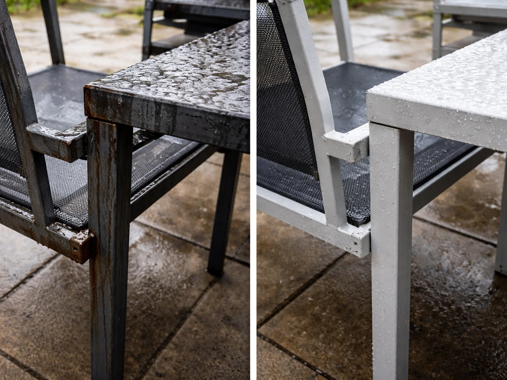 Side-by-side patio furniture after rain: rust on untreated steel versus intact aluminum/resin surfaces.