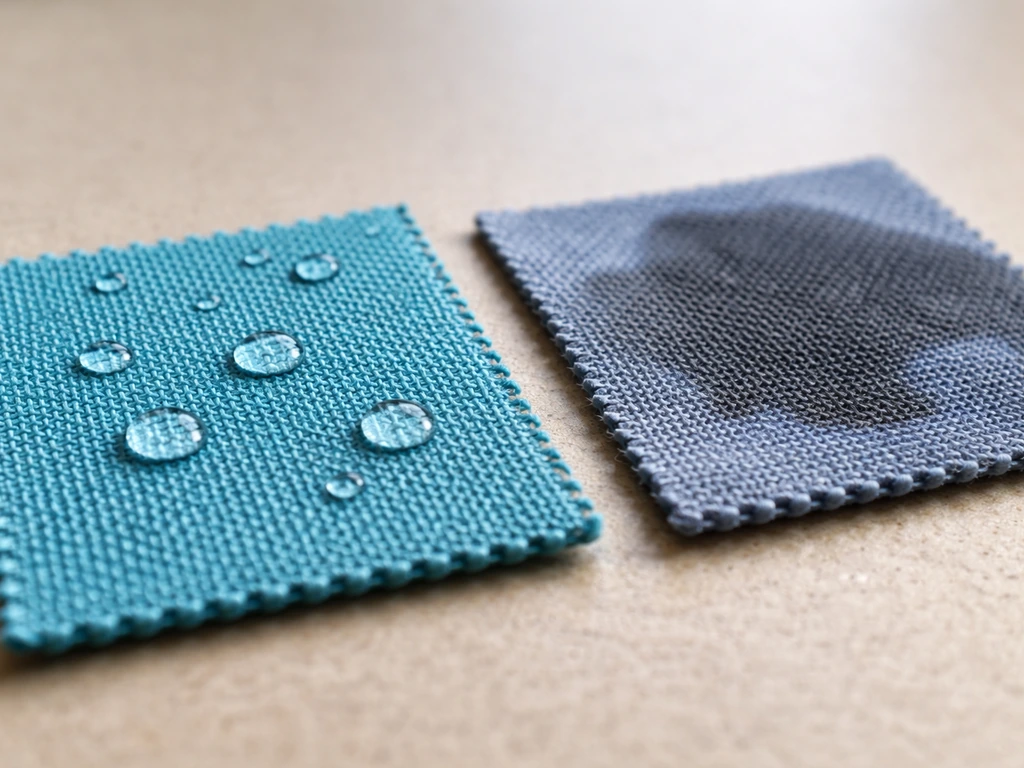 Macro photo of two outdoor cushion fabric swatches: water bead on solution-dyed fabric vs darker non-outdoor fabric