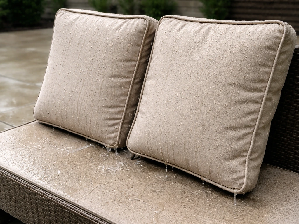 Outdoor cushions tilted upright with covers taut, water draining from seams onto the patio.