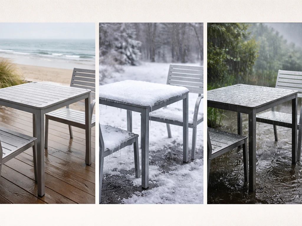 Three small outdoor furniture scenes: coastal aluminum haze, icy freeze-thaw, and heavy rain runoff.