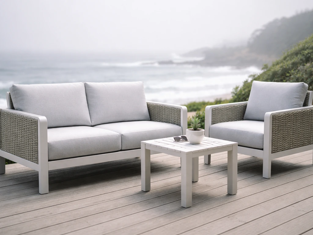 Marine-grade aluminum patio set with synthetic wicker and cushions on a coastal deck near ocean spray