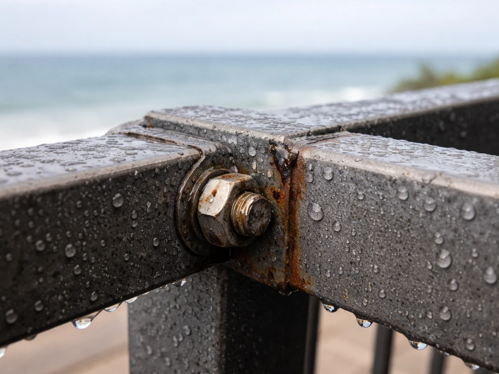 Coastal patio metal hardware with salt spray and moisture showing early corrosion