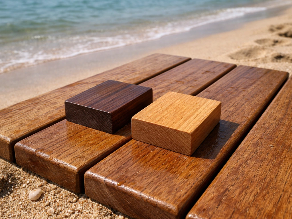 Oiled teak and dense hardwood samples on sandy shore near the ocean, showing moisture and salt-ready grain.