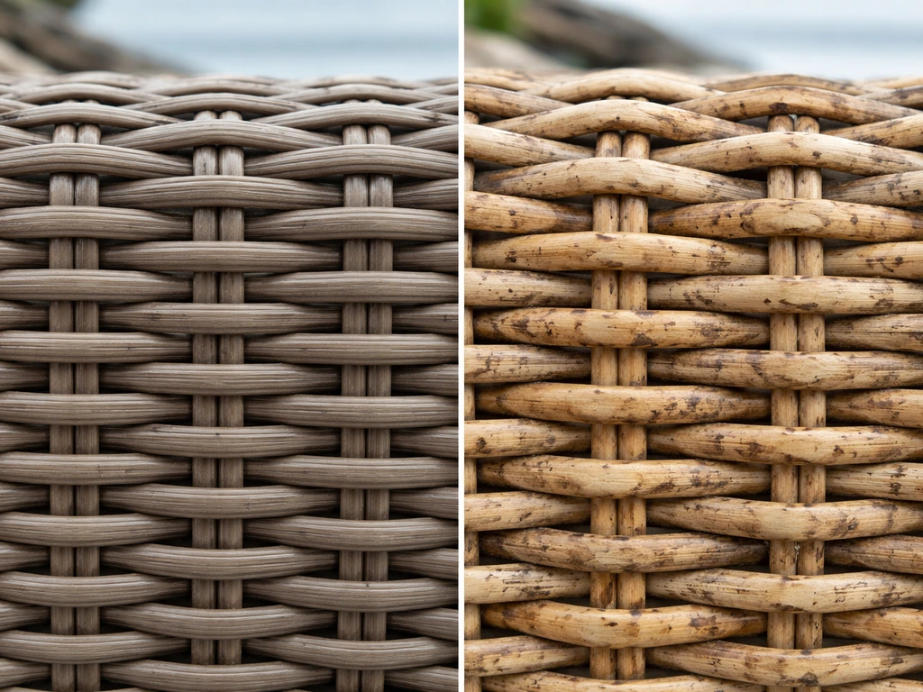 Close-up contrast of clean synthetic resin wicker versus salt-air-damaged natural wicker with spotting.