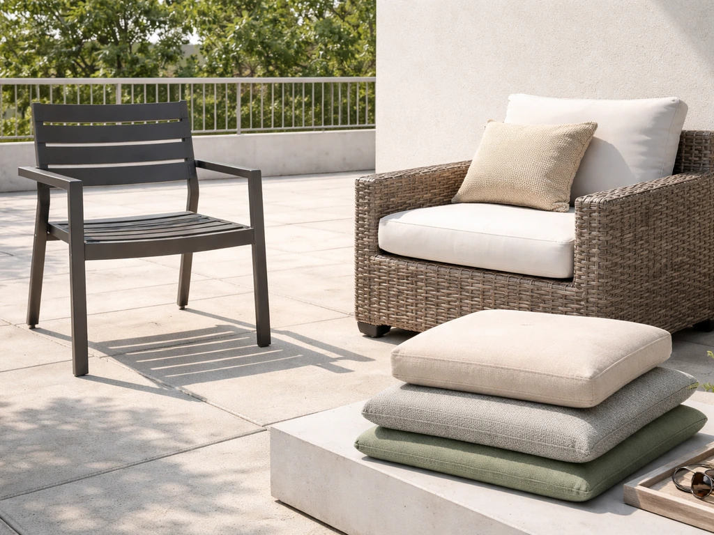Sunlit patio showing aluminum chair, HDPE wicker furniture, and outdoor cushions in bright full-day light.