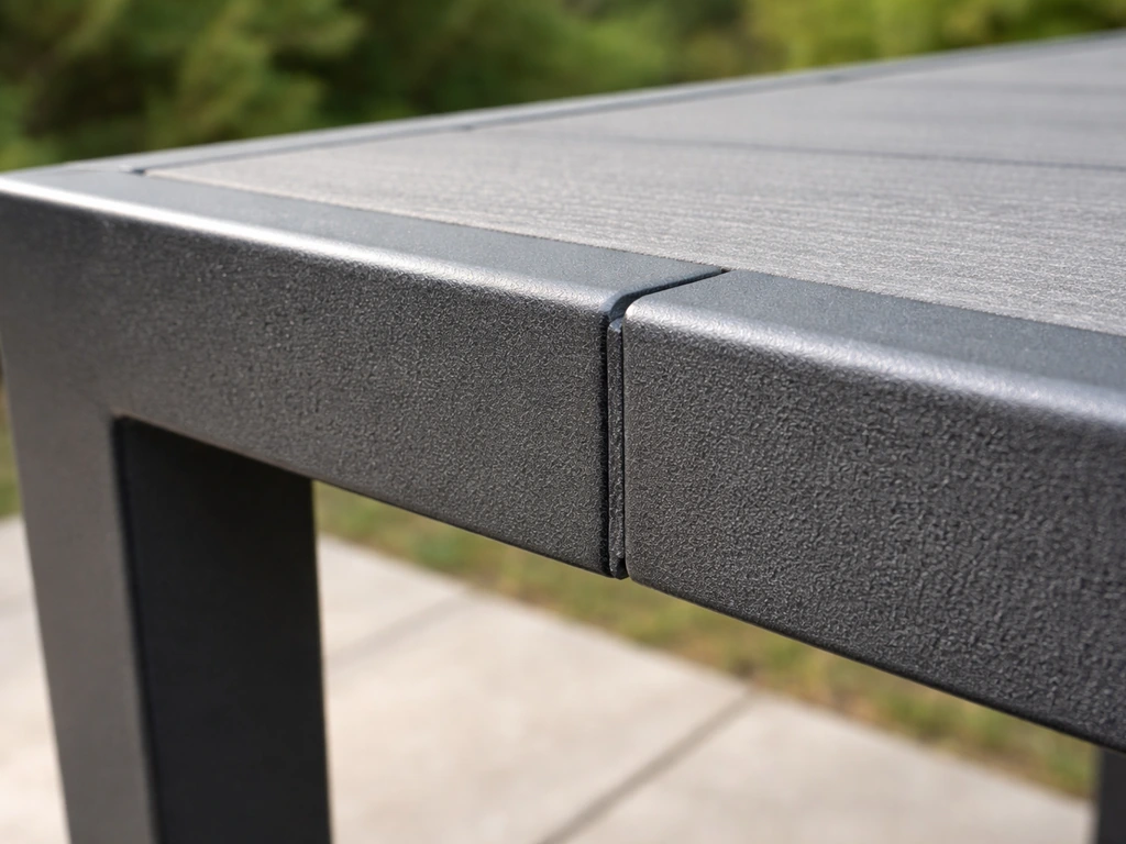 Close-up of a powder-coated aluminum patio frame showing UV-resistant coating texture and smooth welds.