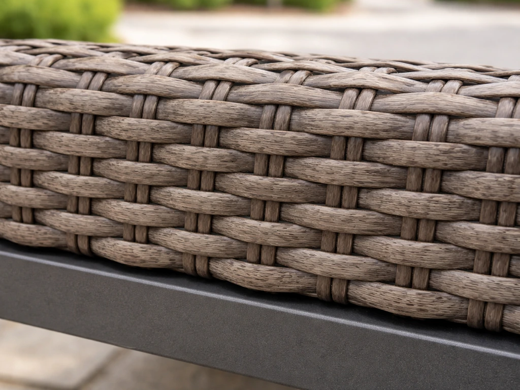 Close-up of HDPE resin wicker weave over a powder-coated aluminum frame in outdoor setting