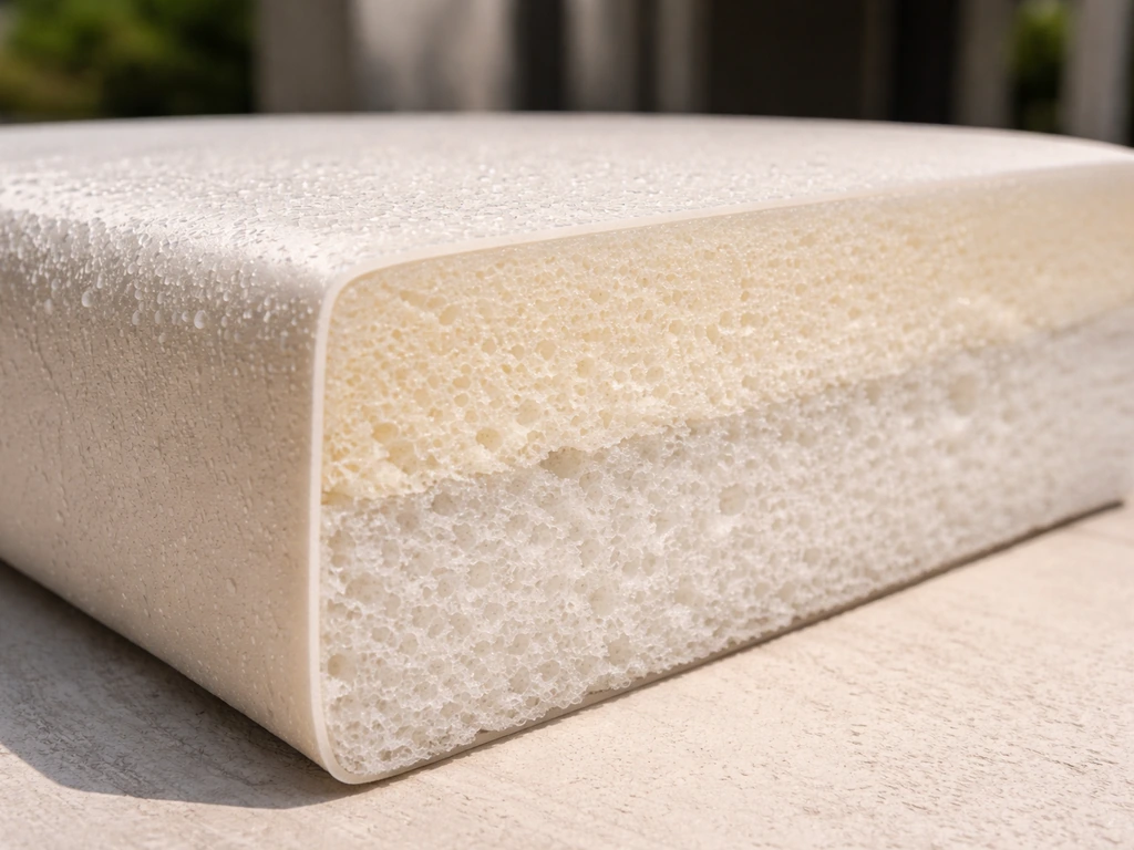 Close-up cross-section of outdoor cushion foam showing dense, moisture-resistant layers and pores.
