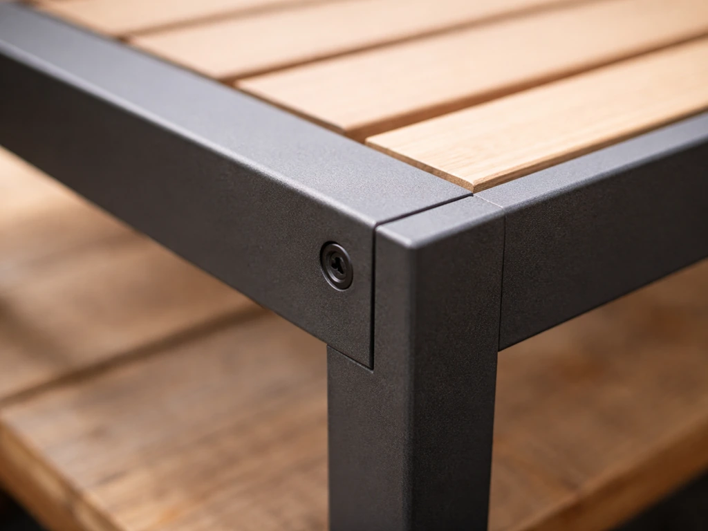Close-up of patio furniture frame and slats showing joinery, thickness, spacing, and finish quality.