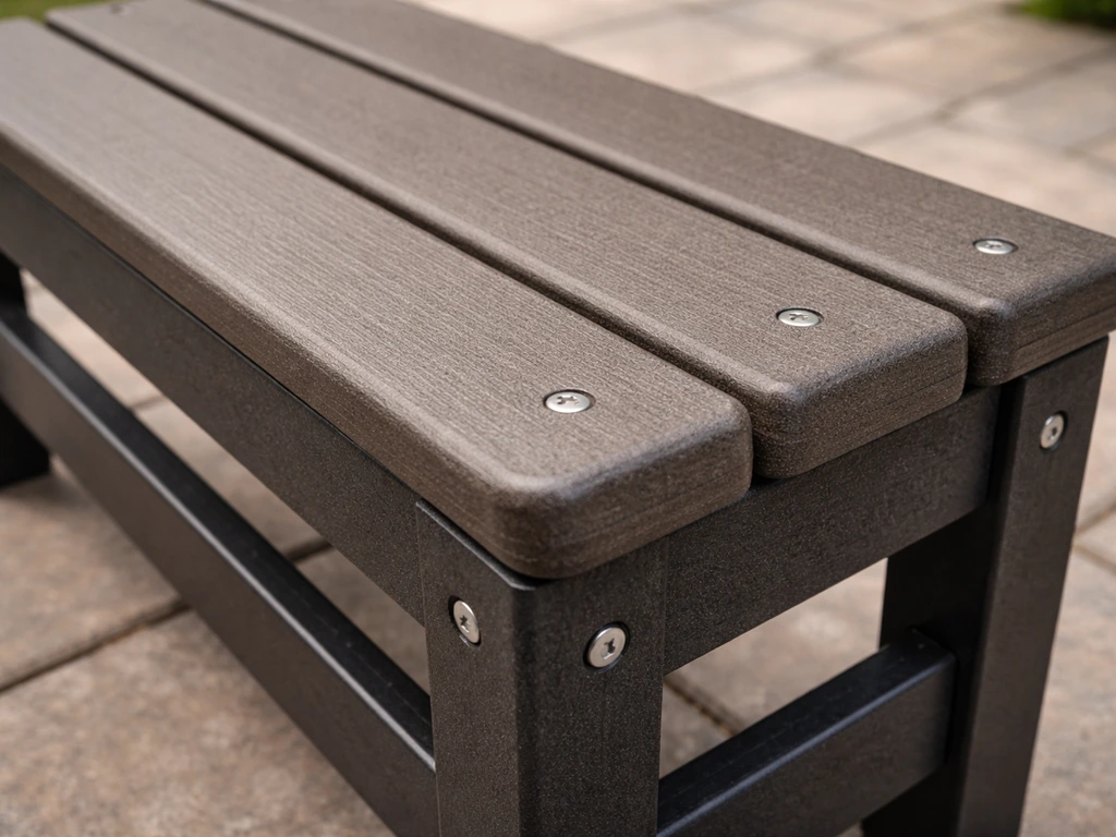 Close-up of HDPE plastic lumber slats and fasteners on an outdoor bench, showing durable texture.