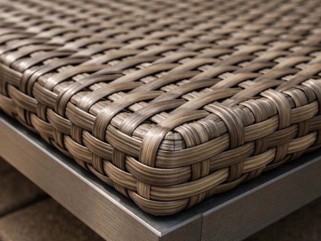 Close-up of all-weather PE wicker weave over a sturdy metal frame, showing UV-resistant construction details